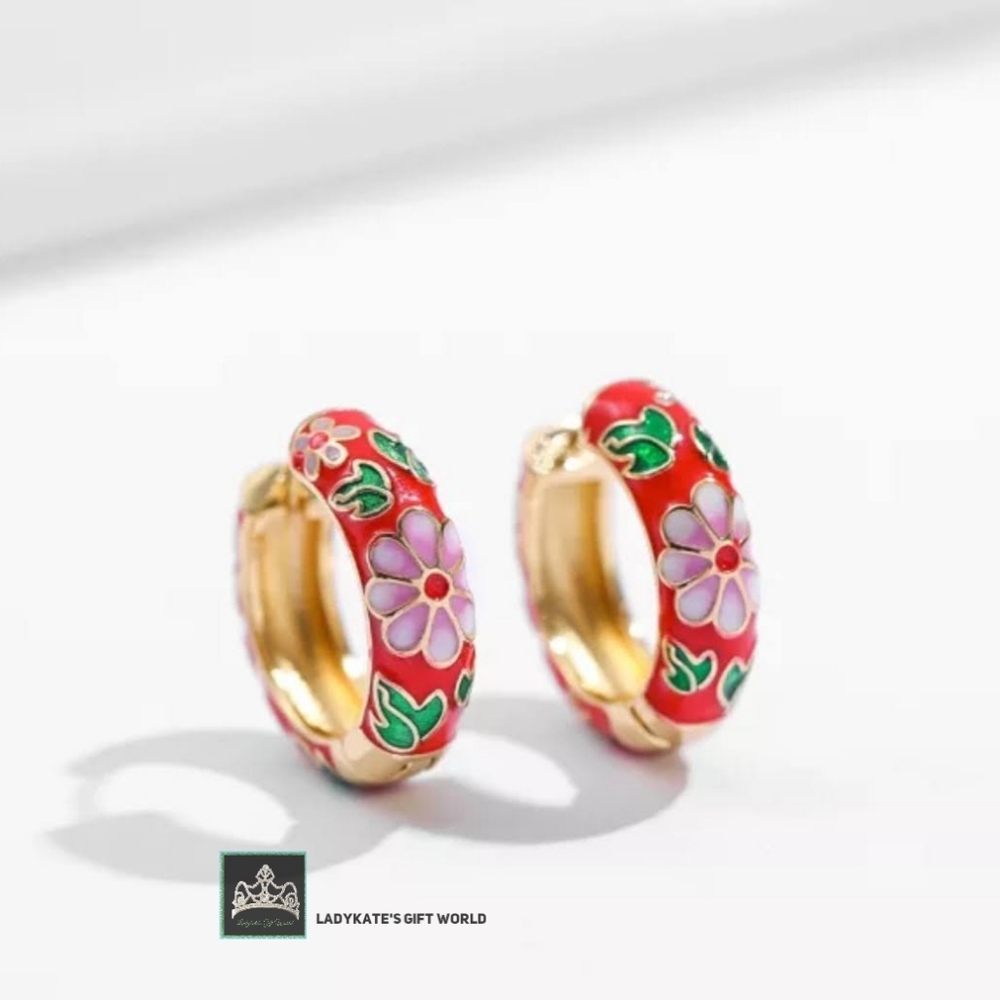 Vintage Enamel Flower Small Hoop Earrings Trendy Geometric Statement